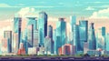 Flat modern illustration of a cityscape featuring skyscrapers, urban architecture, tower buildings and a road. Cityscape