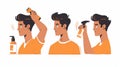 This flat modern illustration demonstrates a man applying hair spray. He is styling and caring for his hair with