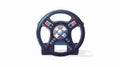 This flat modern illustration is isolated on a white background and shows a steering wheel with joystick, a gaming