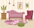 Flat modern living room interior, cozy apartment furniture. Cartoon trendy home furniture, comfy sofa, armchair and rug vector Royalty Free Stock Photo