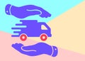 Flat modern pastel colored art design of two hands with flat truck pictogram on pink and blue background Royalty Free Stock Photo