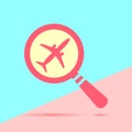 flat modern trand magnifying glass with search airplane pictogram on blue and pink pastel colored background