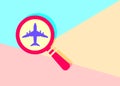 flat modern trand magnifying glass with search airplane pictogram on blue and pink pastel colored background