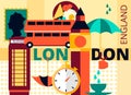 Flat modern vector London card, the capital of Great Britain with Big Ben, double decker and telephone Royalty Free Stock Photo