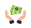 Flat money hand for concept design. Hand holding green money banknotes. Flat design. Royalty Free Stock Photo