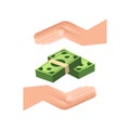 Flat money hand for concept design. Hand holding green money banknotes. Flat design. Royalty Free Stock Photo