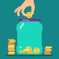 Flat money saving concept with golden coins and jar vector illustration