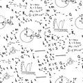 Flat monochrome vector seamless mathematical motif pattern. Cute doodle with algebraic expressions and symbols.