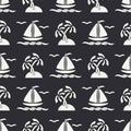 Flat line monochrome vector seamless pattern ocean boat, sail, palm, island. Cartoon retro style. Regatta. Seagull Royalty Free Stock Photo
