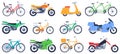 Flat motorbikes. Motorcycles, bikes and scooters, speed bicycle for delivery product, travel on vehicle, sports