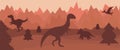 Flat mountain landscape with silhouettes of dinosaurs