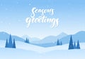 Flat mountains winter snowy landscape with hand lettering of Seasons Greetings. Royalty Free Stock Photo