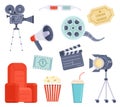 Flat movie watching and production element, cinema ticket, film and popcorn. Cartoon video camera, director megaphone