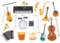 Flat musical instrument, guitar, accordion, drum, saxophone and flute. Classic folk music orchestra, jazz and rock band