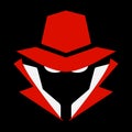 Flat, mysterious computer hacker icon. Red and white. Isolated on black