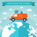 Flat news car icon travels around the world