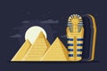 Flat night ancient Egypt with pyramids, moon and Pharaoh s sarcophagus.