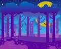 Flat night landscape with big moon and forest