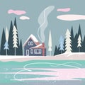 Flat Nordic landscape with house, forest and lake. Royalty Free Stock Photo