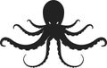 Flat octopus silhouette isolated in black and white. Symmetrical.