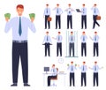 Flat office employee character working poses and gestures. Business man run with briefcase, sit at desk and think Royalty Free Stock Photo
