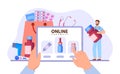 Flat online pharmacy store. Person holding tablet and buying medication in internet. Hands ordering pills, drops and Royalty Free Stock Photo