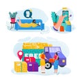 Flat online store use set, people buy online concept design vector illustration. Cartoon shop delivery banner, modern Royalty Free Stock Photo