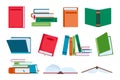 Flat open and close books, library piles and stacks. Novel book with bookmark. Textbooks for reading and education. Literature Royalty Free Stock Photo