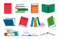 Flat open and close books, library piles and stacks. Novel book with bookmark. Textbooks for reading and education Royalty Free Stock Photo