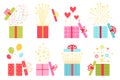 Flat open prize concept, gift box with confetti. Surprise present boxes with balloon, firework and heart. Game win or