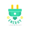 Flat original logo design with electric plug. Eco concept for environmentally friendly business or modern technologies Royalty Free Stock Photo