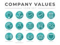 Flat Outline Company Core Values Icon Set Isolated. Innovation, Stability, Security, Reliability, Legal, Sensitivity, Trust, High