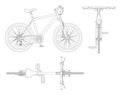 Flat outline cycling side view, back and top view isolated on white.