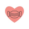 Flat outline medical mask on red  pink heart. Protection of coronavirus and covid Valentine Day. Vector illustration love banner Royalty Free Stock Photo