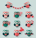 Flat owls. Love, romantic and Valentine's Day theme. Vector set. Royalty Free Stock Photo