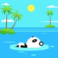 Flat panda swimming on the beach. Flat Summer Background design. Vector Beach Landscape