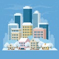 Flat panorama skyline with urban skyscrapers and road with cars. City under snow, Winter city concept. Vector