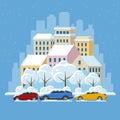 Flat panorama skyline with urban skyscrapers and road with cars. City under snow, Winter city concept. Vector