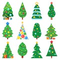 Flat paper christmas tree. Winter holidays trees decorated star, Xmas garlands and new year toys. Fir vector collection Royalty Free Stock Photo