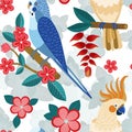 Flat Pattern with Exotic Parrots and Flowers Royalty Free Stock Photo