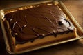 flat peanut butter sheet cake with separate layers of chocolate filling