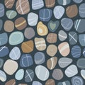 Flat pebble seamless pattern on dark background. Sea stones of different shapes and colors