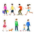 Flat pedestrians casual youth people: skate shopper runner Royalty Free Stock Photo