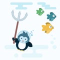 Flat penguin character stylized as a fish hunter with trident.