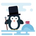 Flat penguin character stylized as a gentleman with walking stick and cup of tea.