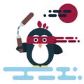 Flat penguin character stylized as a ninja with nunchaku.