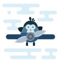 Flat penguin character stylized as a pilot in the airplane.
