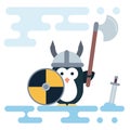 Flat penguin character stylized as a viking warrior with helm, shield and sword. Royalty Free Stock Photo