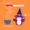 Flat penguin character stylized as witch with magic stick and with pot.