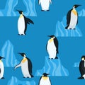 Flat penguins on blue seamless pattern